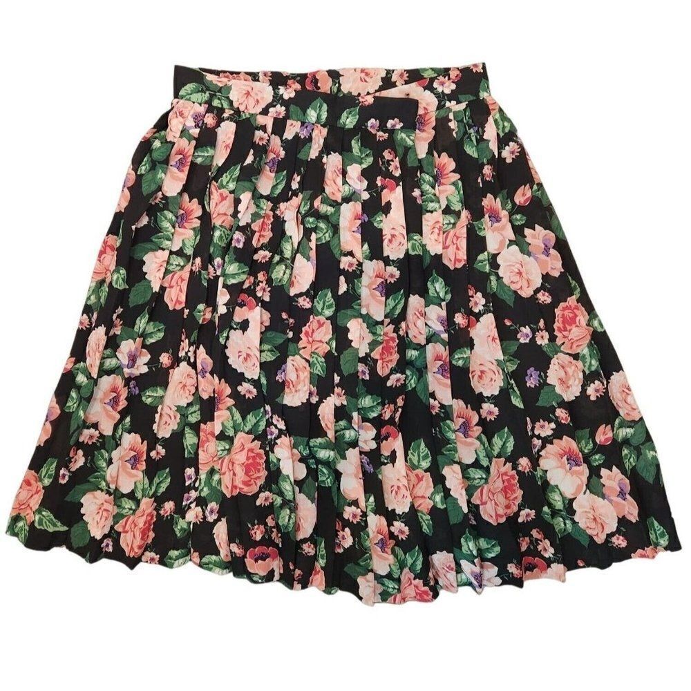Vintage 90s Black Pink Floral Pleated Full Skirt L Romantic Cottage